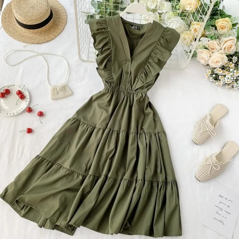 Elegant Women Midi Dress Fashion Summer Button A Line Sleeveless Ruffles Button High Waist Female Beach Vestidos New
