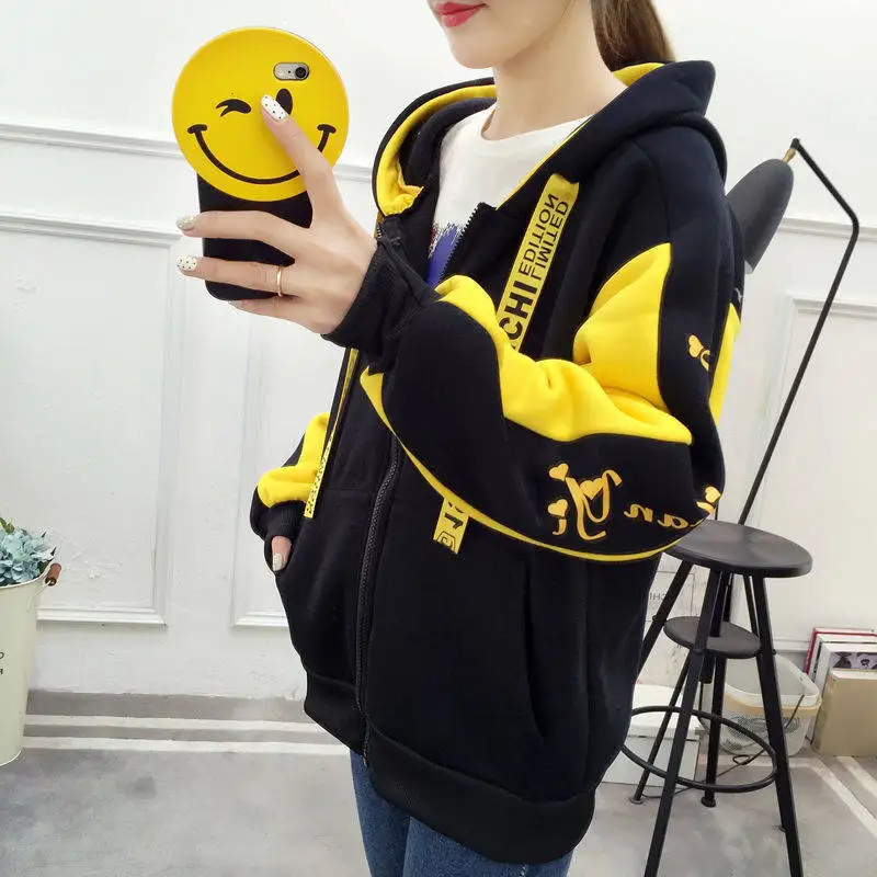 Autumn Winter Women's Sweatshirts Plus Velvet Thickening Hooded Korean Version Of The New Couple Zipper Jacket Harajuku Tops