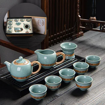

Kung Fu Tea Set the Whole Kettle Set of Blue and White Porcelain Ceramic Teapot Solid Wood Tea Tray Tea Ceremony