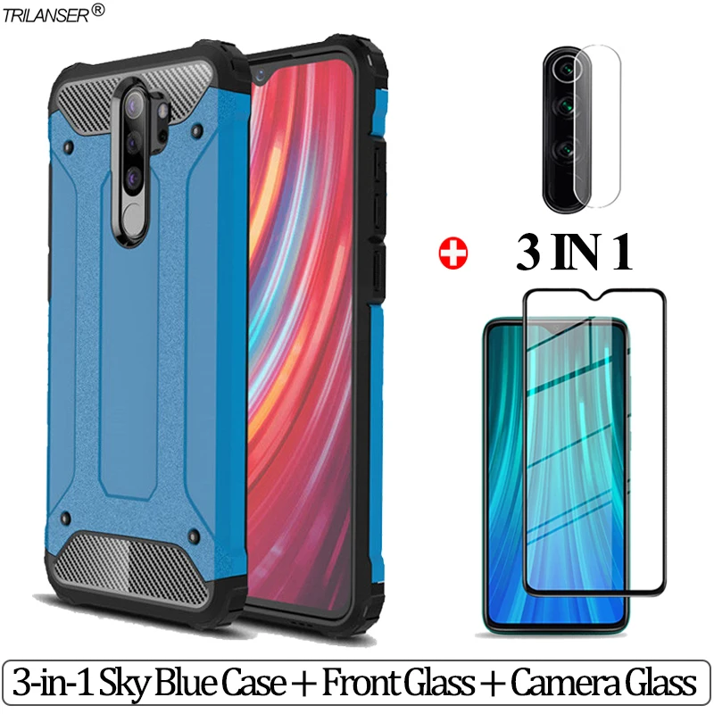 3-in-1 Blue Бронированное стекло, чехлы, чехол для xiomi redmi 8 8a note8pro, мягкие силиконовые чехлы для xiaomi redmi note 8, чехол для note 8 t 8pro, чехол s хиоми редми нот 8t чехол жля xiaomi redmi note 8 kapakli kilif - Цвет: 3-in-1 Blue