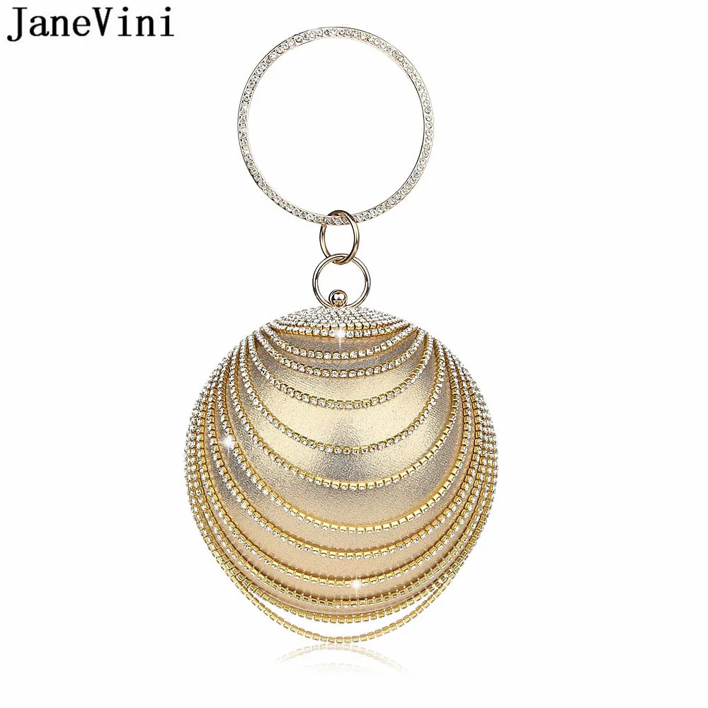 JaneVini Gold Bridal Clutch Purse Bag Luxury Wedding Evening Bags Round Spherical Diamonds Beaded Women Fashion Banquet Hand Bag