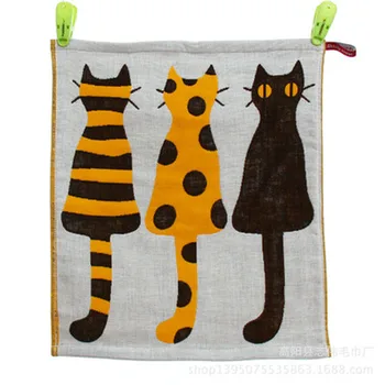 

34*40cm Cotton Three-layer Gauze Square Cotton Towel Fabric Jacquard Cartoon Cats Hanging Towel