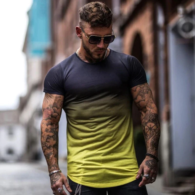 

2019 Fashion Compression Gradient Color T-Shirt for Men, Breathable, Short Sleeve, Men's Sports T-Shirt, T-shirt, Casual T-shirt