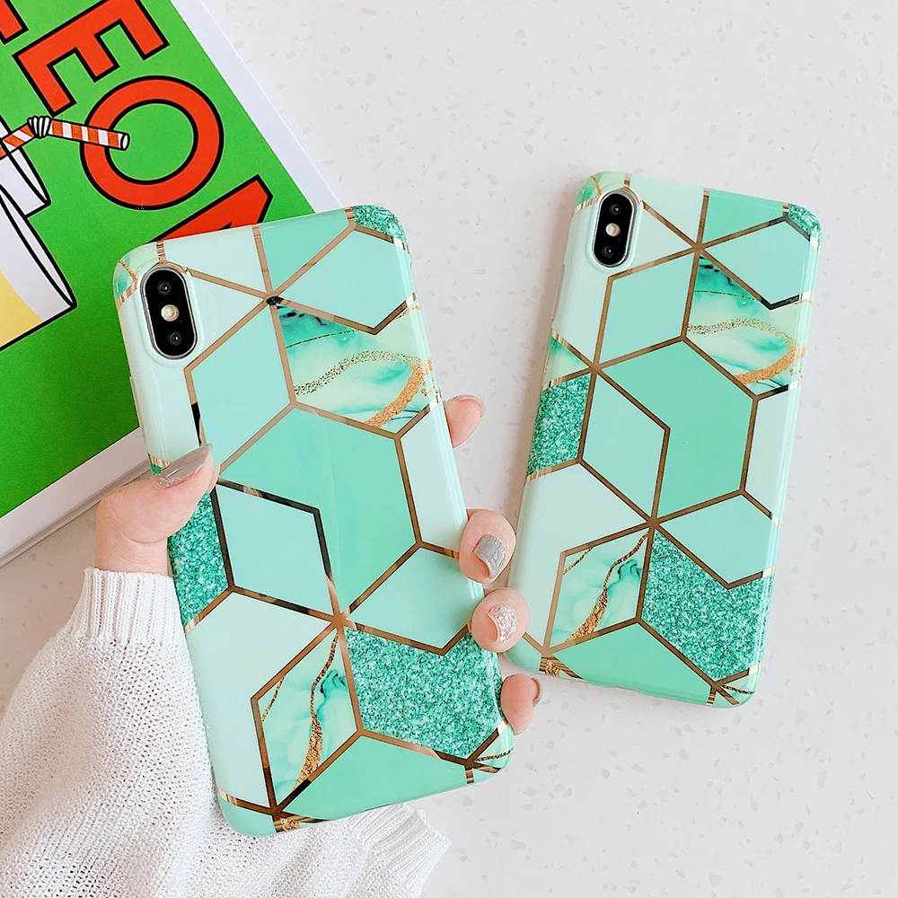 

LOVECOM Eelectroplated Geometric Phone Case For iPhone XR XS Max 6 6S 7 8 Plus X Glossy Soft IMD Luxury Marble Phone Back Cover