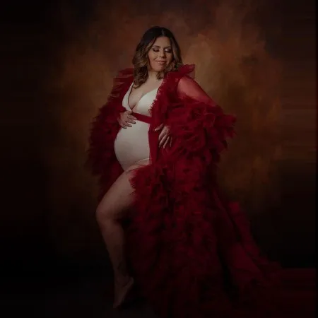 

Classic Red Tulle Maternity Robes With Belt Extra Puffy Ruffles Tiered With Train Long Sleeves Plus Size Dressing Gowns