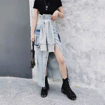 

XUXI 2020 New Spring Europe Style Skirts Womens Fake Two Denim Skirt Personality Trend Fashion Women Clothes Streetwear FZ0549
