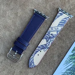 Kebitt Genuine Leather Apple Watch Strap - Elegantly Crafted Watchband for 49(Iwatch Ultra12) (Blue Pattern(Silver))