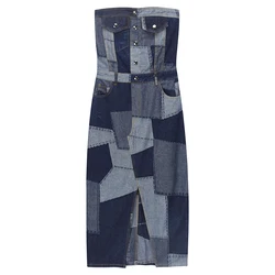 Frocks For Women Spring Summer Retro Denim Tube Top Dress Hem Slit Fake Pocket Contrast Color Zipper Slim Skirt Sexy All-match