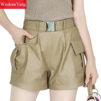 激安 秋の女性ワイド脚シープスキン本革ルースハイウエスト黒カーキミニ女性フレアズボン服