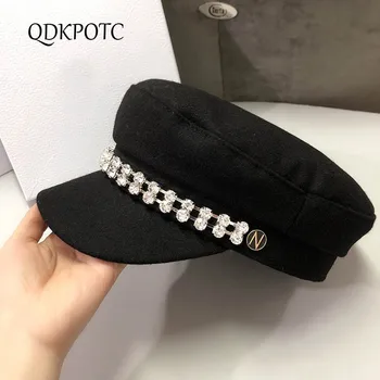 

QDKPOTC 2020 Spring Autumn New Women Woolen Military Hats Fashion Light Luxury Cool Diamond Beret Cap Leisure Street Navy Hat