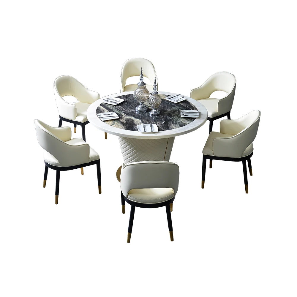 

marble stainless steel round dining table set comedor sillas de comedor стол обеденный mesa comedor muebles + 6 leather chairs