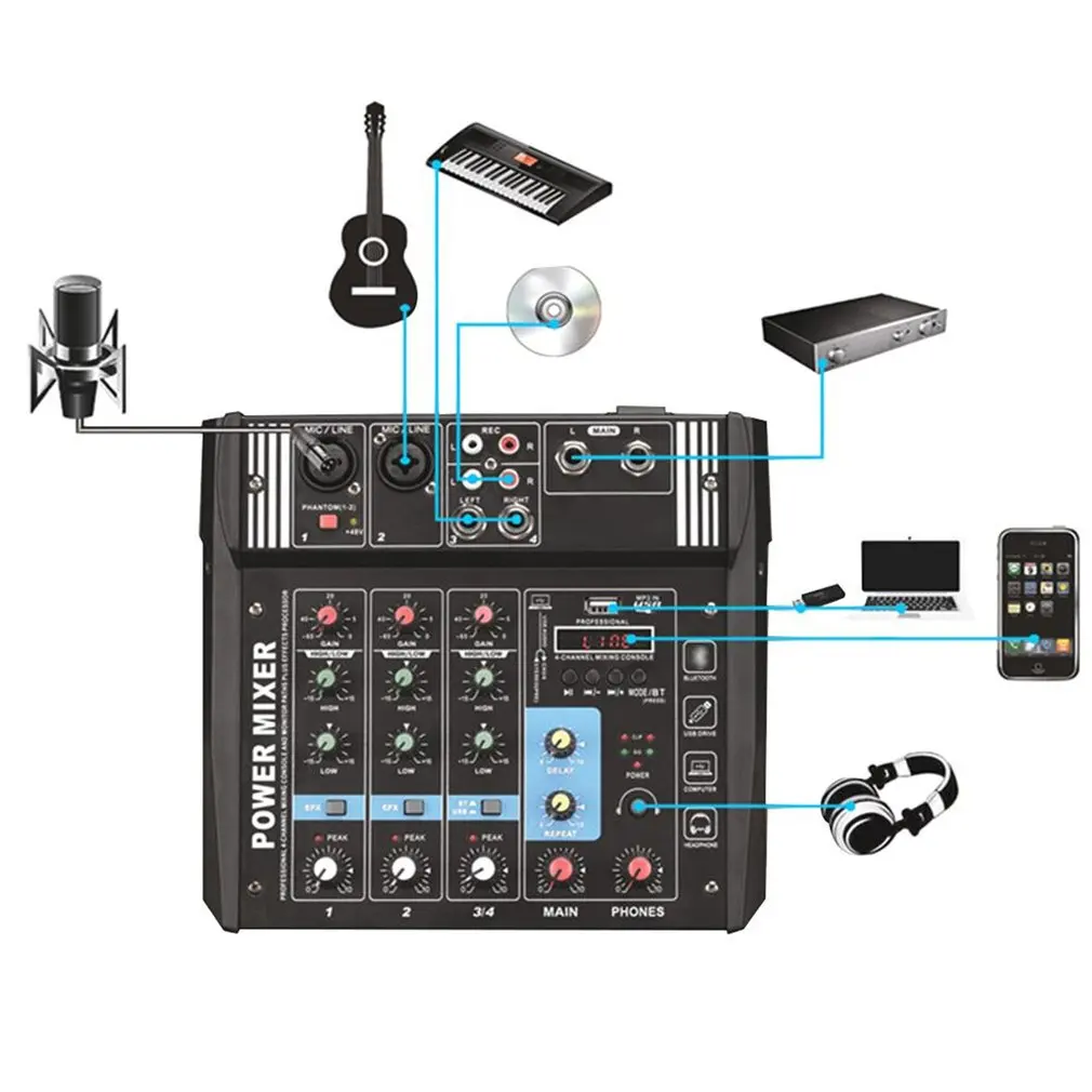 PA4 4 канала аудио микшер звук микшерный пульт с Bluetooth USB Запись 48 В Phantom power Monitor пути Встроенный усилитель мощности