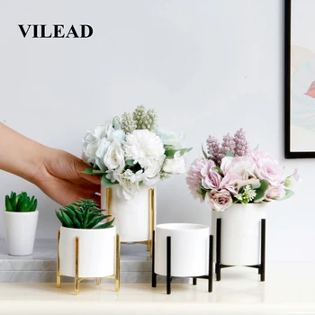 

VILEAD 8.6cm 12cm Iron Ceramic Hydroponic Vase Figurines Nordic Flower Pot Gold Plating Ornament Sweet Home Desktop Decoration