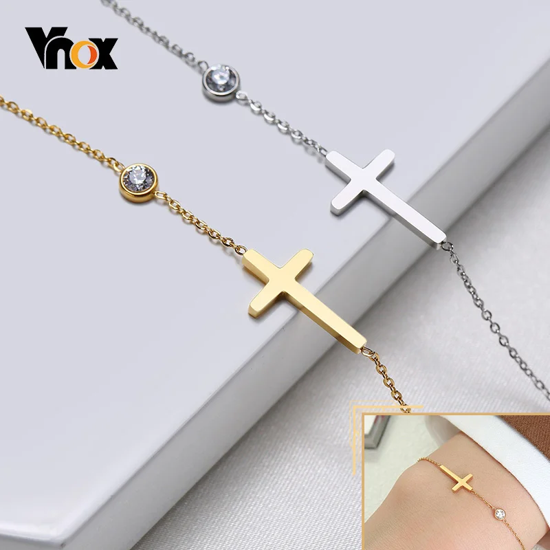 Vnox Delicate Sideways Cross Charm Bracelets for Women Anti Allergy Stainless Steel Thin Chains Wristband Jewelry 16-19.5cm | Украшения и