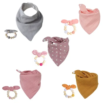 

2Pcs/Set Baby Cotton Bibs Wooden Wristband Teether Soft Saliva Towel Toddler Triangle Scarf Chewing Molar Infant Toys