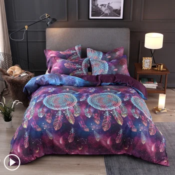 

JUSTCHIC Lucky Purple Round Wind Chime and Unicorn Duvet Cover Pillowcase Kit Girl Dormitory Quilt Cover Home Textile Twin Size