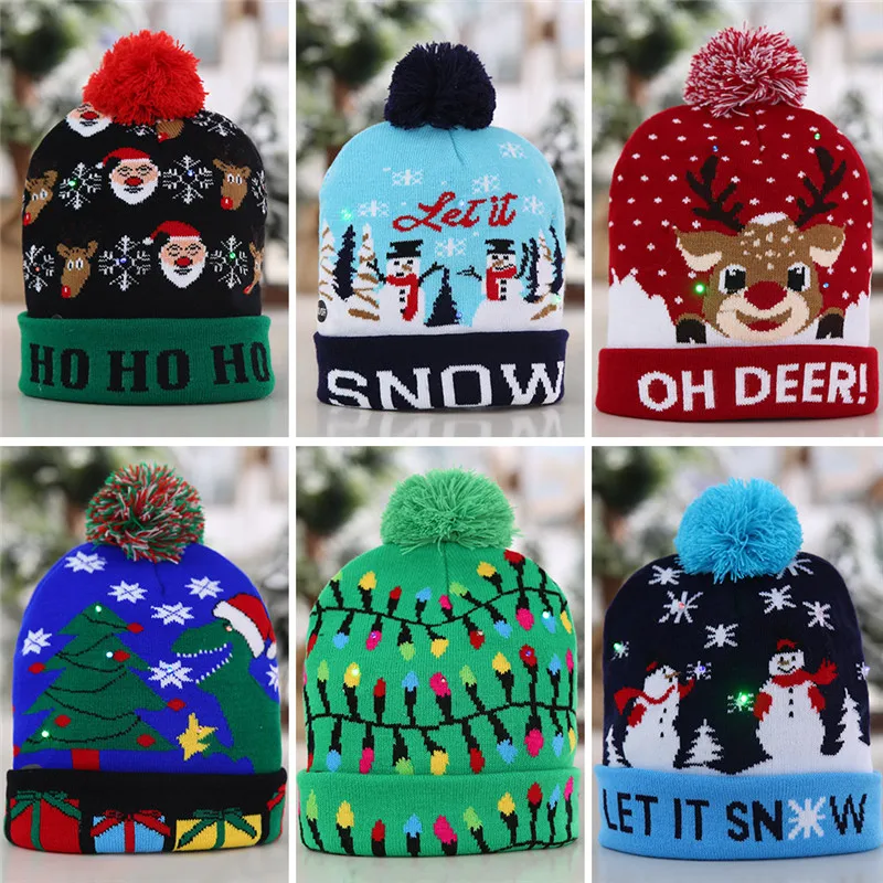 

2020 LED Light Christmas Hats Beanie Sweater knitted Christmas Santa Hat Light Up Knitted Hat for Kid Adult For Christmas Party