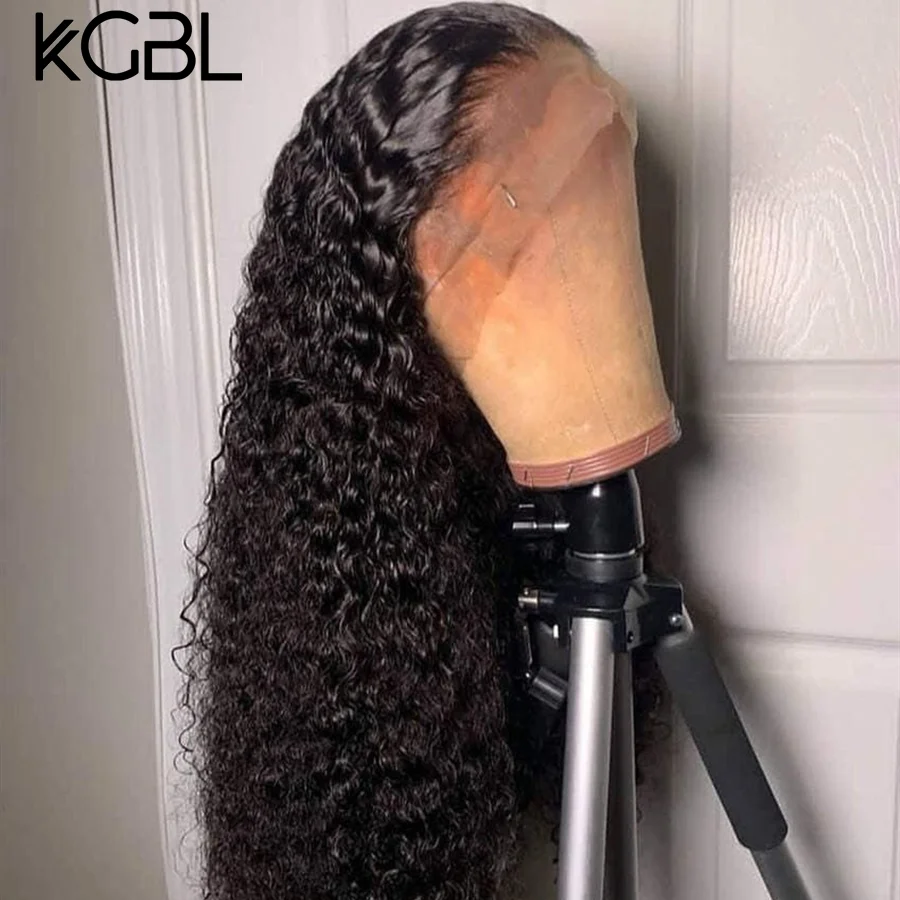 KGBL вьющиеся 13*4 Кружева спереди средний коэффициент "-24" не-Remy человеческие волосы парики натуральный цвет бразильские волосы парики с детскими волосами