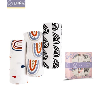 

Elinfant 3pcs set with box bamboo cotton baby swaddle blanket comfortable rainbow patterns 120*120cm muslin swaddle blanket