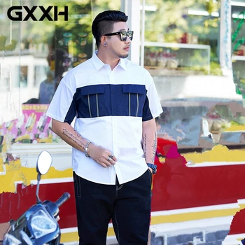 

GXXH 2020 Oversized Men Fashion Contrast Color Loose Fit Streetwear Trend Patchwork Casual Short-sleeved Shirt Cotton fat Tops