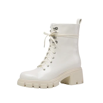 

Genuine Leather Female Short Boots Thick High Heels Platform Women Ankle Boots Punk Motorcycle Boots Party Shoes Woman