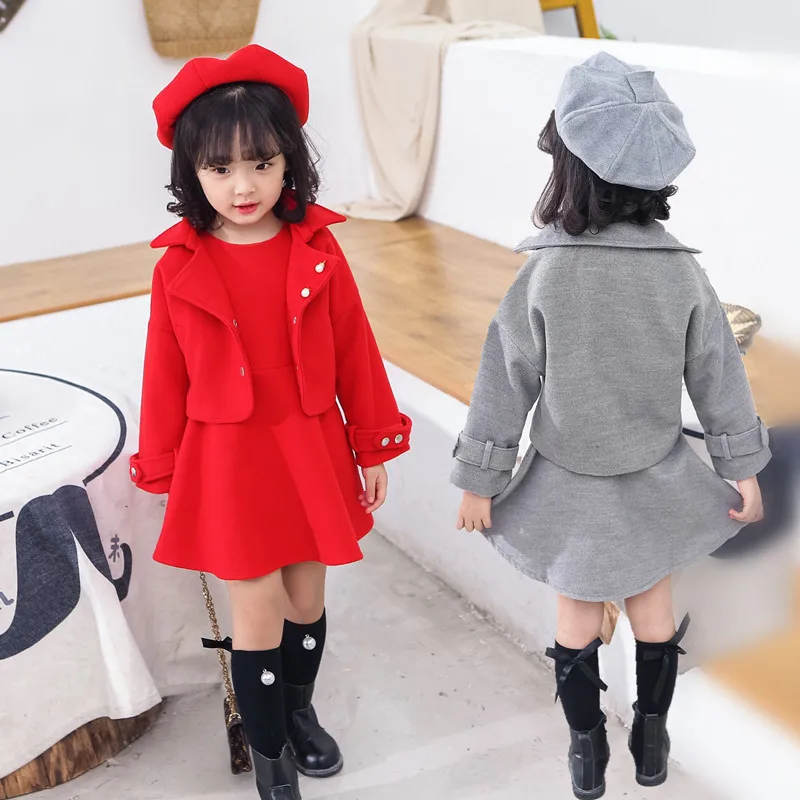 Костюмы на осень и зиму, детское платье без рукавов, шерстяное пальто, красные однотонные мягкие комплекты из трех предметов с длинными рукавами для девочек 2-7 лет