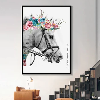 

Modern Nordic Canvas Painting Animal Posters and Prints Abstract Horse with Flowers Wall Pictures for Living Room Decor Caudros
