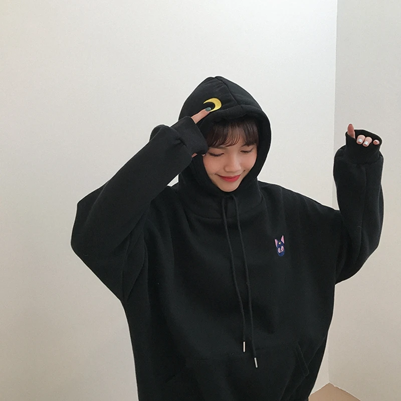 Huapate вышитые Луна кошка розовые толстовки для женщин Kawaii корейский стиль свободная толстовка с капюшоном пуловеры