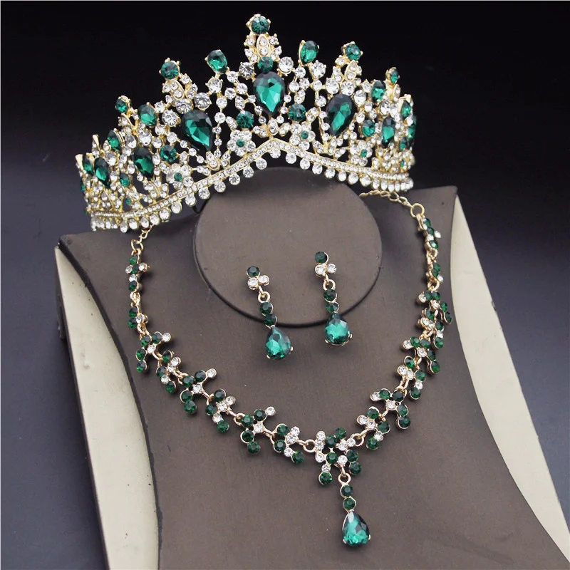 Korean Crystal Bridal Jewelry Sets for Women Fashion Tiaras Earrings Necklace Crown Bride Wedding Dubai Jewelry Set Accessories