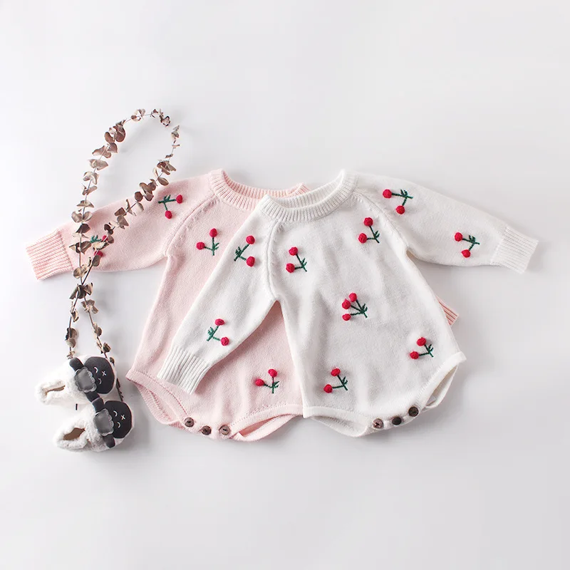 

2019 autumn new baby girls cherry long sleeved knitting wool romper infant cute round collar warm jumpsuit kids clothing