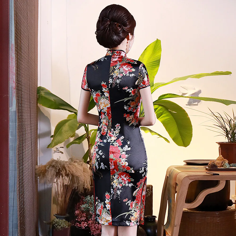 Женский тонкий большой размер 3XL-6XL китайский стиль вечерние атласное выпускное платье Мандарин воротник короткий Qipao сексуальный принт цветок Cheongsam Vestidos