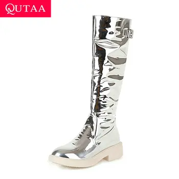 

QUTAA 2021 Buckle Zipper Knee High Boots Square Heel Fashion Long Boots PU Leather Round Toe Autumn Winter Women Shoes Size34-43