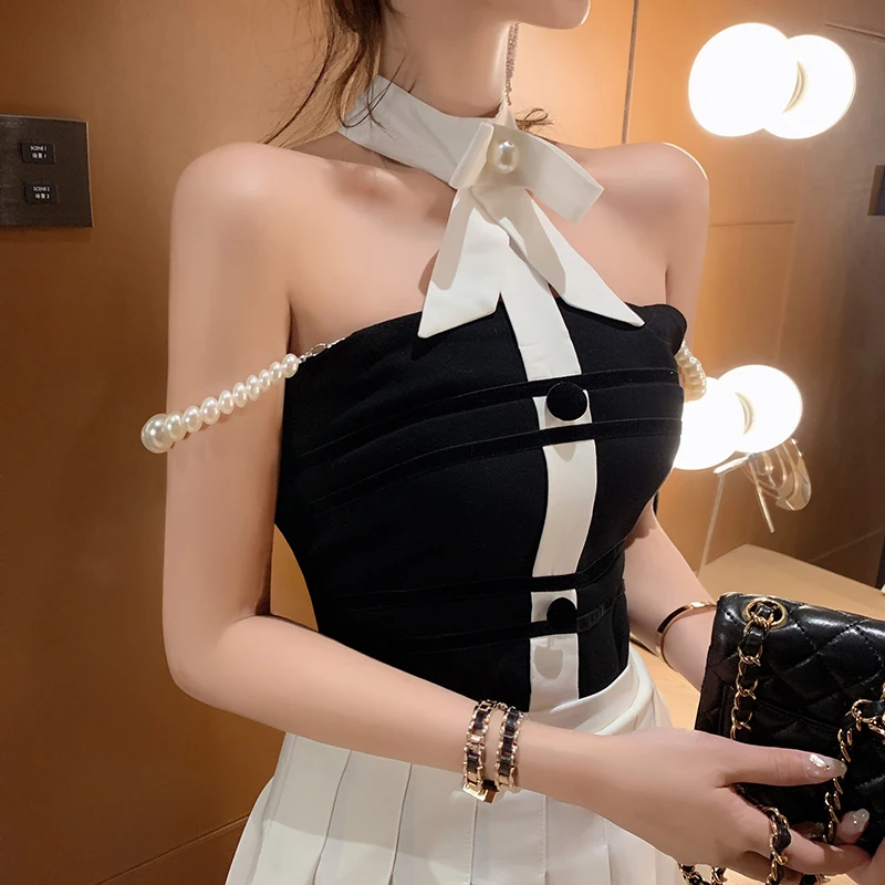 Сексуальный жилет Camis, женские бархатные съемные жемчужные ремешки, Летний жилет с лямкой на шее, с бантом, без спинки, топы, футболка ropa mujer T9D603Y