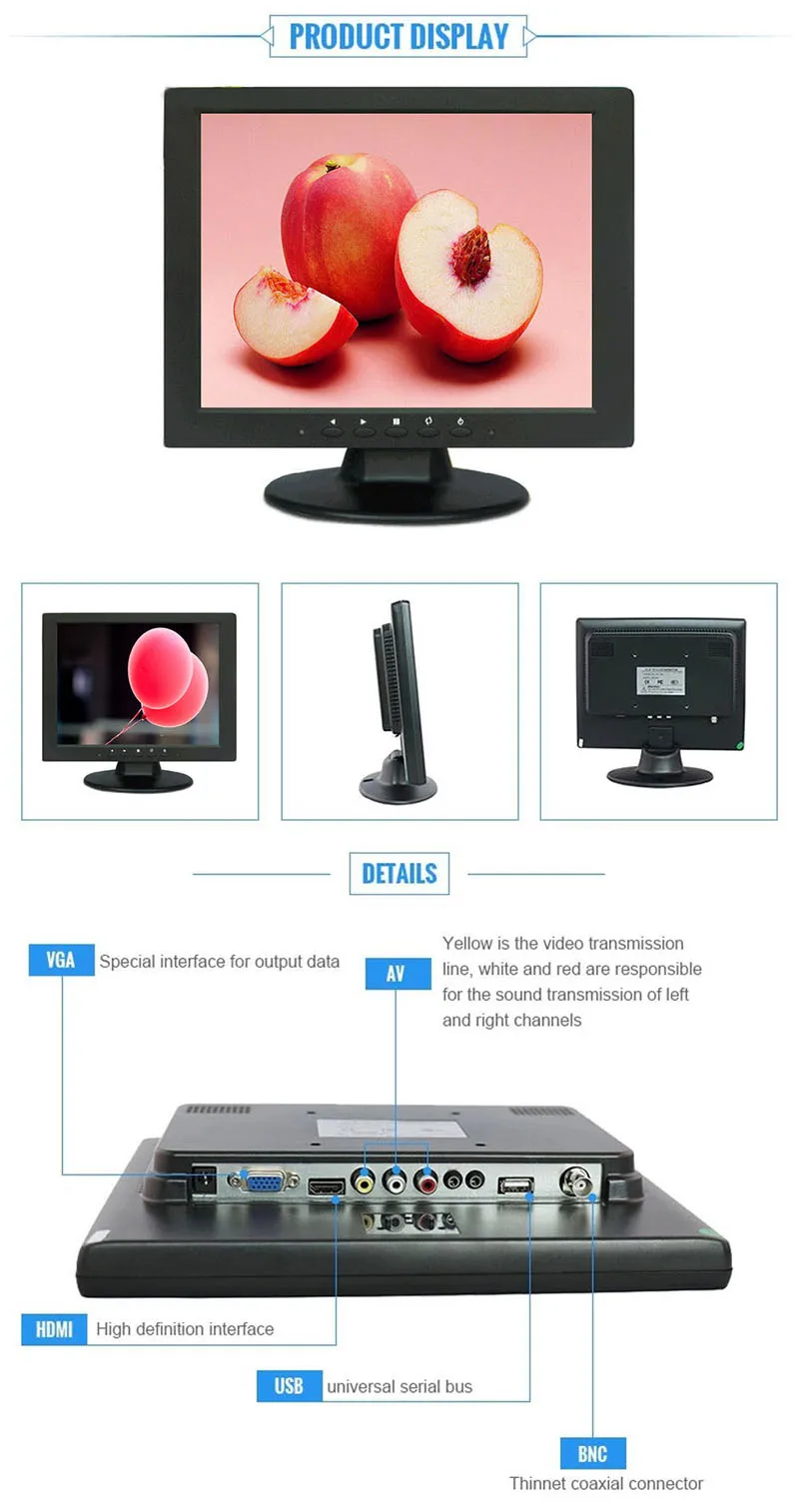 10,4 дюймовый ЖК-монитор дисплей HD Многофункциональный монитор с VGA/HDMI/AV/BNC/USB