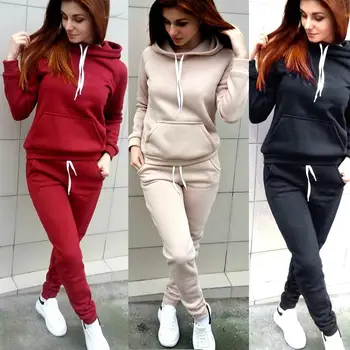 

Autumn Winter Women 2 Piece Set Thick Long Sleeve Drawstring Solid Color Sportswear Ladies Girls Casual Tops + Pants hh8