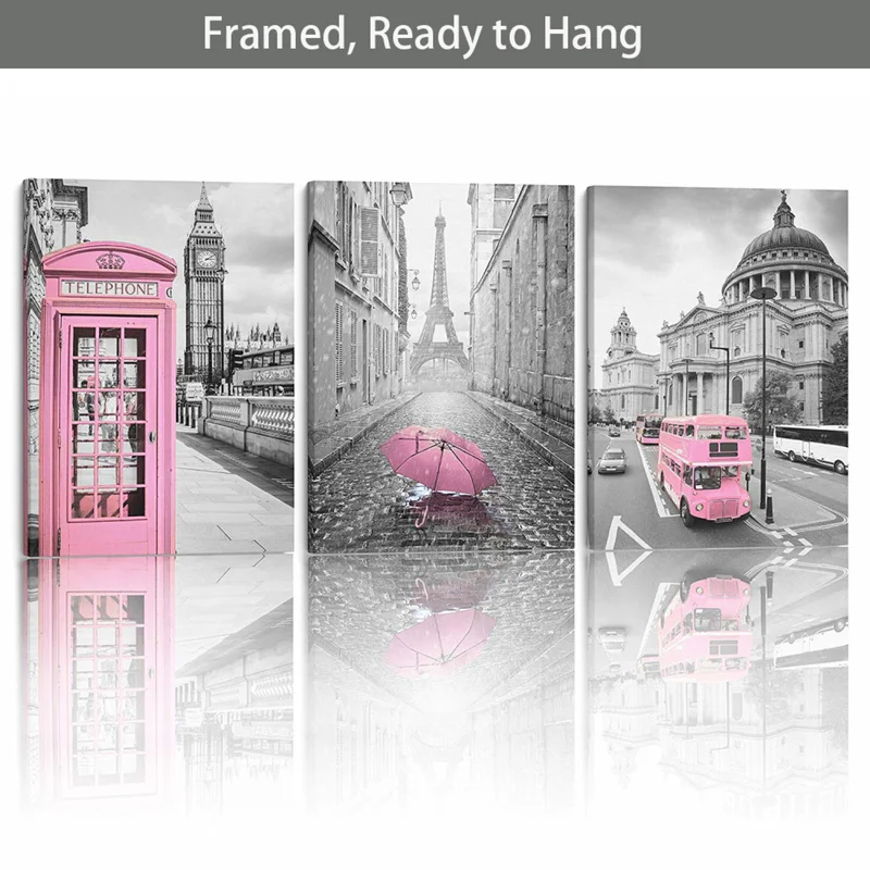 Framed Ready To Hang Paris Eiffel Tower London Big Ben and St Paul's Cathedral Canvas Wall Arts Black White Pink | Дом и сад