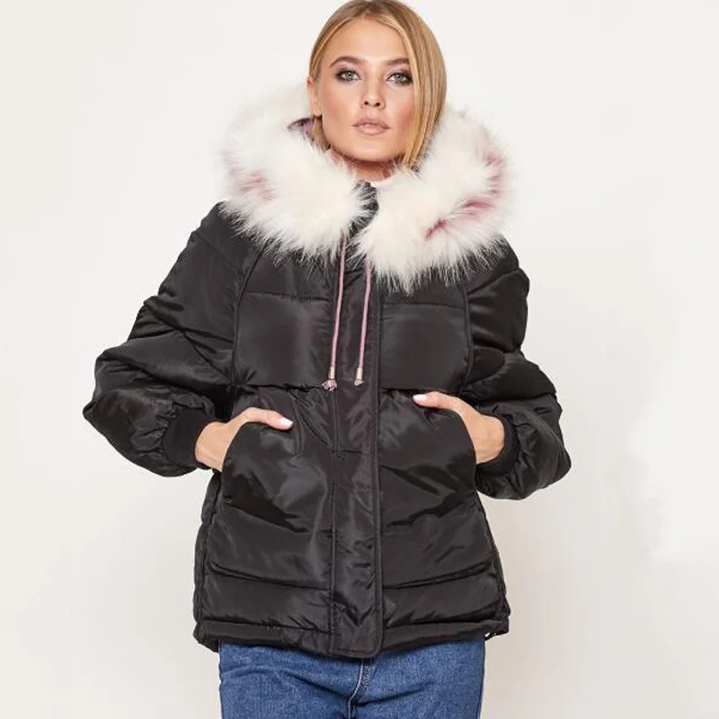 FORERUN, зимняя женская куртка, плюс размер, 3XL, меховое пальто с капюшоном, женская, 8 цветов, однотонная, Повседневная парка, утепленные куртки, Winterjas Dames - Цвет: black fur collar