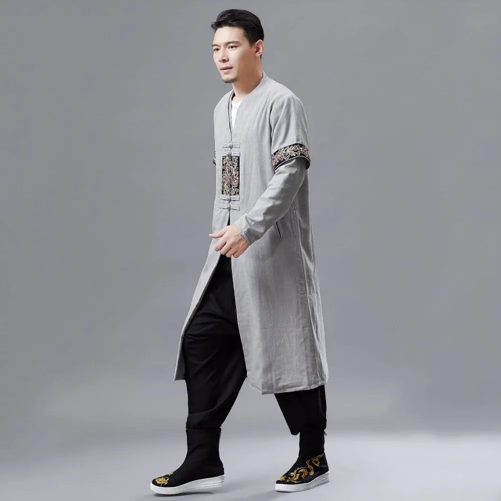 LZJN 2019 Men Autumn Trench Coat Cotton Linen Longline Long Sleeve Jacket Chinese Frog Buttons Outfit Overcoat with Pockets (26)