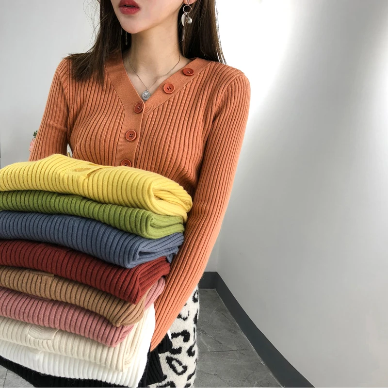 

shintimes Thick Sueters De Mujer Moda 2019 Winter Button V-Neck Sweater Women Fall Fashion Elastic Korean Pullover Pull Femme
