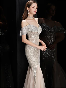 

Elegant Spaghetti Strap Evening Dress 2020 New Stylish V-neck with Ruffles Prom Dresses Shinning Sequins Robe De Soiree Vestido