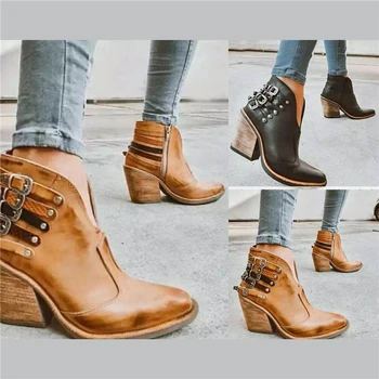 

2020 Female Autumn Winter PU Leather Cowboy Ankle Boots Bukle Women Wedge High Heel Booties Botas Mujer
