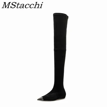 

Mstacchi Decoration Knee Boots Retro Female Solid Pointed Toe Slip on Flock a Paint Boots Stretch Fabric Flat with Metal Woman