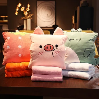 

Cartoon Plush Pillow Blanket Portable Sofa Car Nap Pillow Air Conditioner Blanket Coral Velvet Cushion Blankets