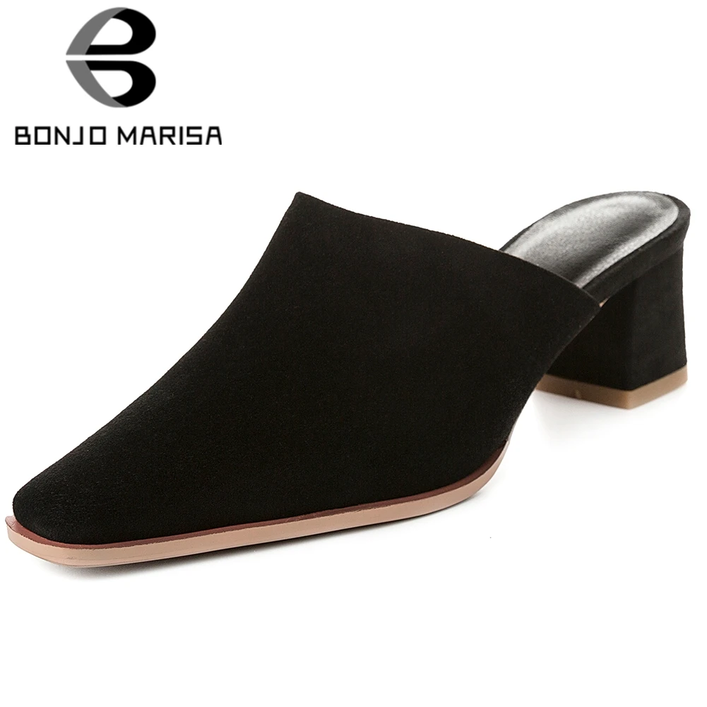 

BONJOMARISA Brand Lady Mules Square Toe Med Heels Slip On Pumps Spring Summer Flock Casual Office Shoes Woman
