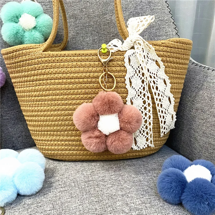 Pom Pom Keychain Set With Lanyard - Colorful Plush Ball, Carabiner & Charms For Bag, Keys