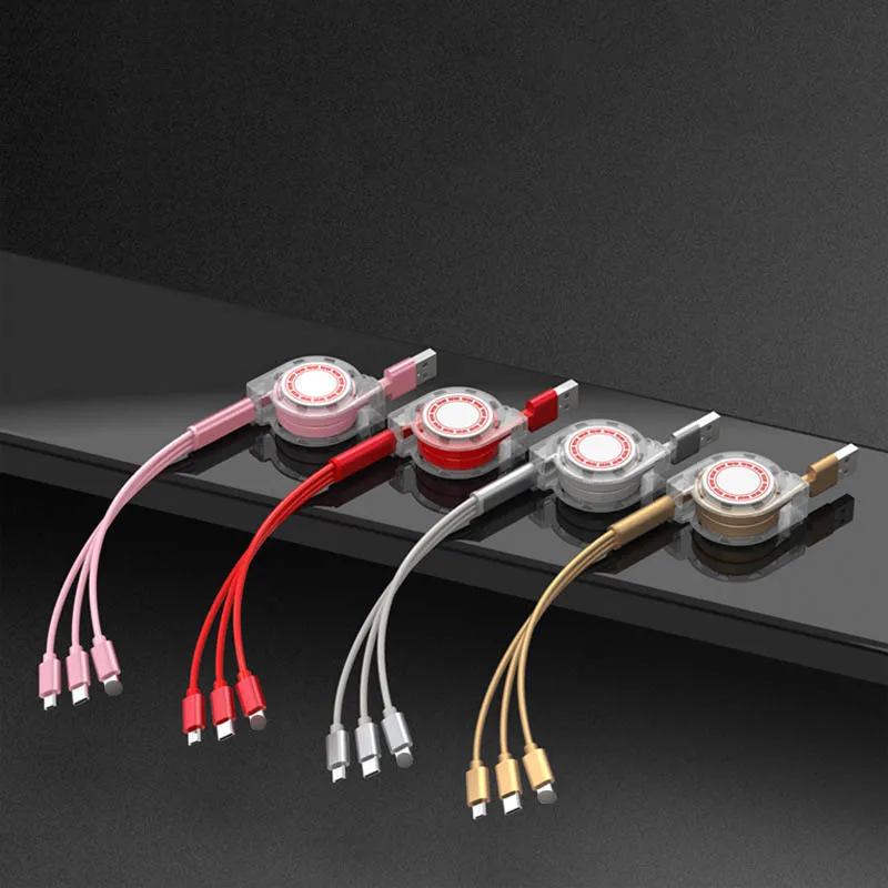 3 in1 Retractable USB Cable Type-c Charging line 100cm Coiled Data Line For iPhone&Android Fast Charging