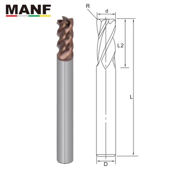 

MANF 4 Flute Long Round Ball Nose End Mill HRC70 6R05-12R1.0 Milling Cutter Tungsten Carbide TiAIN Endmills CNC Machine Tool