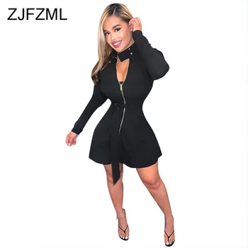 

Sexy Zipper Front Mini Dresses Women Stand Collars Long Sleeve Empire Black Dress Spring 2020 Elegant Causal Fit and Flare Dress