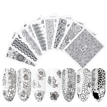 

1 Sheet Flower Leaves Plants Nail Water Decals Black Lace Flower Nail Decals Lavender Transfer Stickers Nail Art Decoration