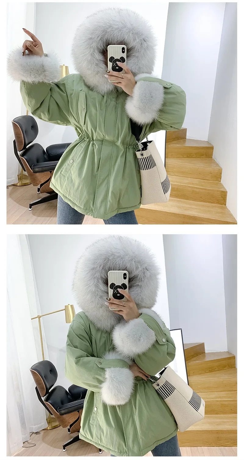 Женское хлопковое пальто зимнее Модное теплое с меховым капюшоном короткое повседневное на молнии женское хлопковое пальто